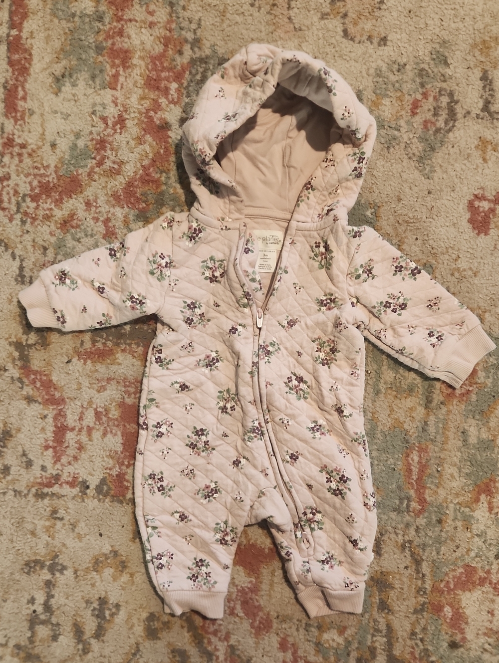 Quilted Hooded Baby One-Piece in Light Pink Floral